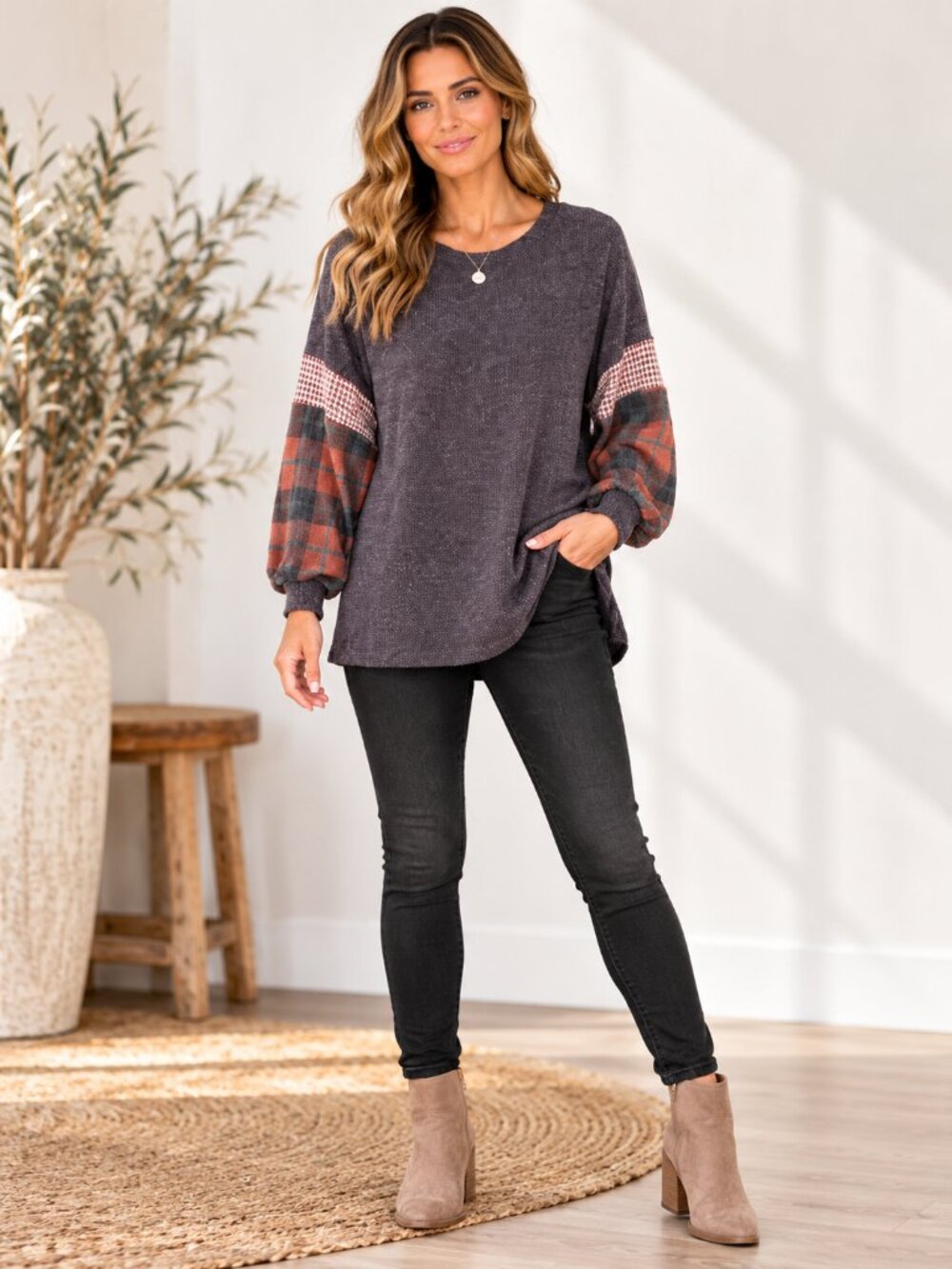 Haptics Gray Plaid Sleeve Waffle Knit Top Medium Large